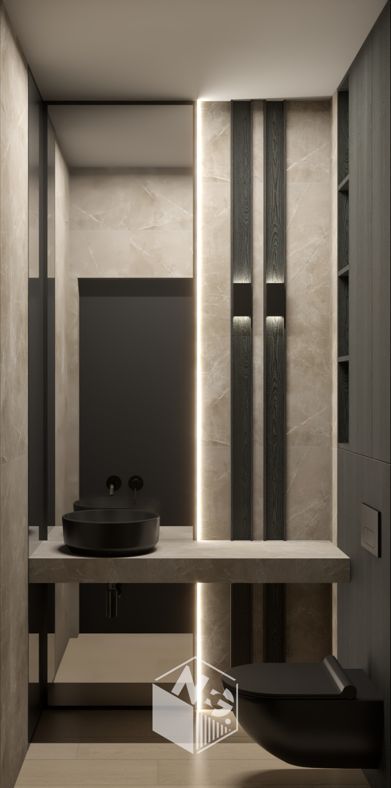 Nowoczesna łazienka z czarną umywalką nablatową i podświetlanymi panelami ściennymi z ciemnego drewna na tle marmurowej ściany.