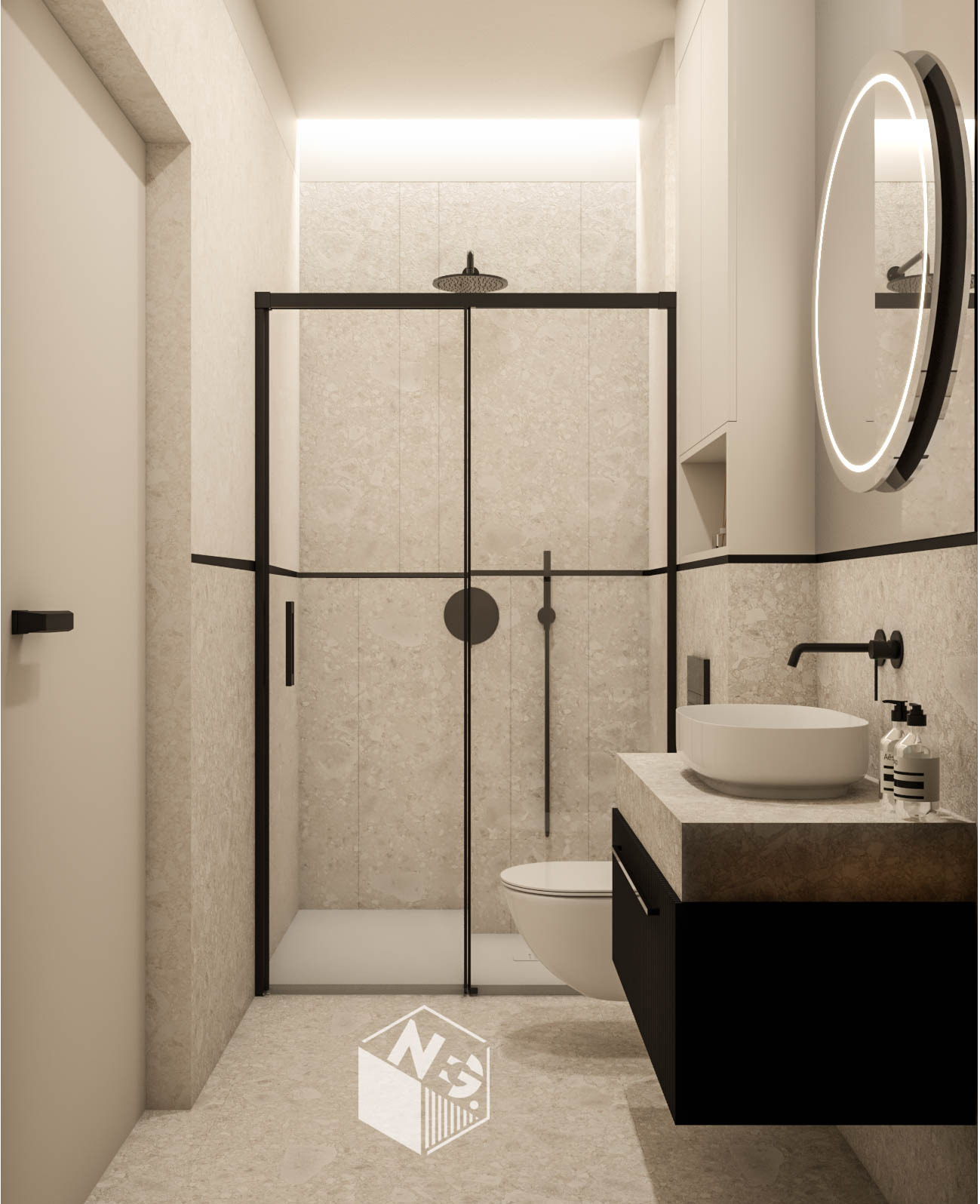 Nowoczesna łazienka z kabiną prysznicową w czarnej ramie, umywalką na blacie i okrągłym lustrem z podświetleniem LED. Stonowana kolorystyka, minimalistyczny design.