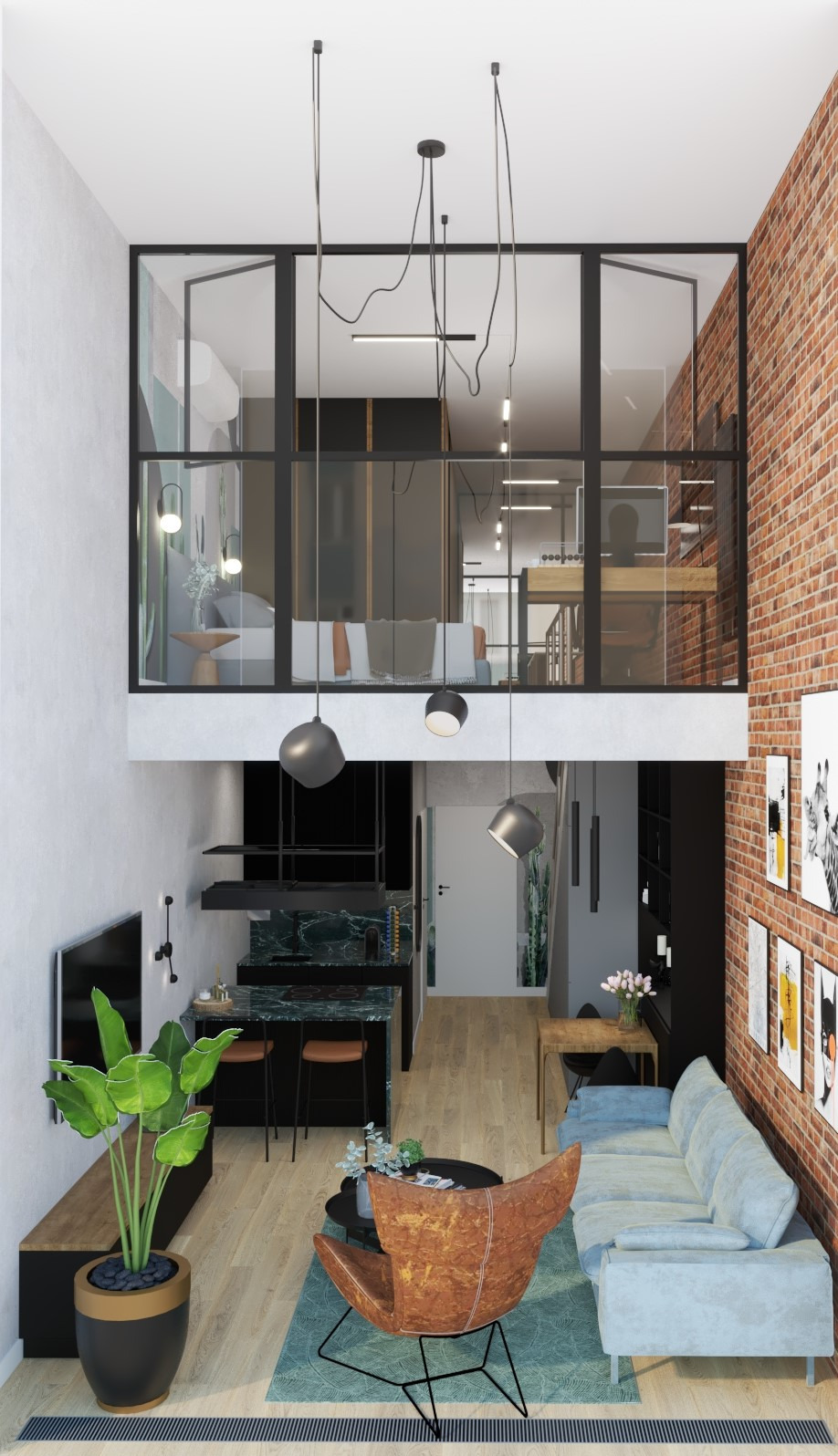 Nowoczesny loft z antresolą: ceglana ściana, salon z sofą i fotelem, kuchnia z zielonym blatem, wiszące lampy. Minimalistyczny design z roślinami doniczkowymi.