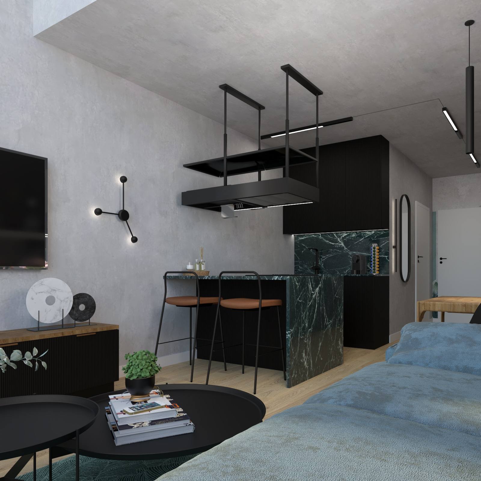 Wnętrze mieszkania z wyspą kuchenną z czarnego marmuru, czarnymi hokerami i lampami. W tle salon z telewizorem i dekoracjami. Nowoczesny design.