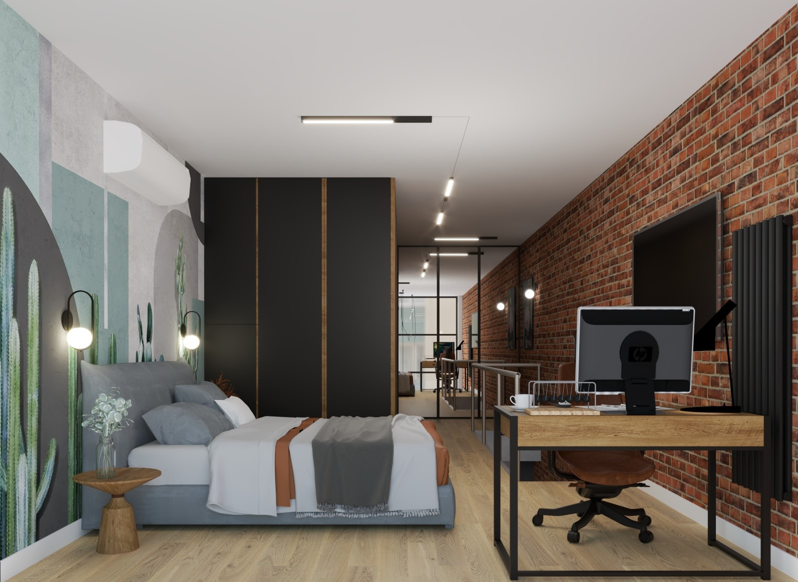 Nowoczesna aranżacja sypialni z biurkiem: ceglana ściana, łóżko z szarą narzutą, grafika z motywem kaktusa i czarne szafy. Widok na dalszą część mieszkania.