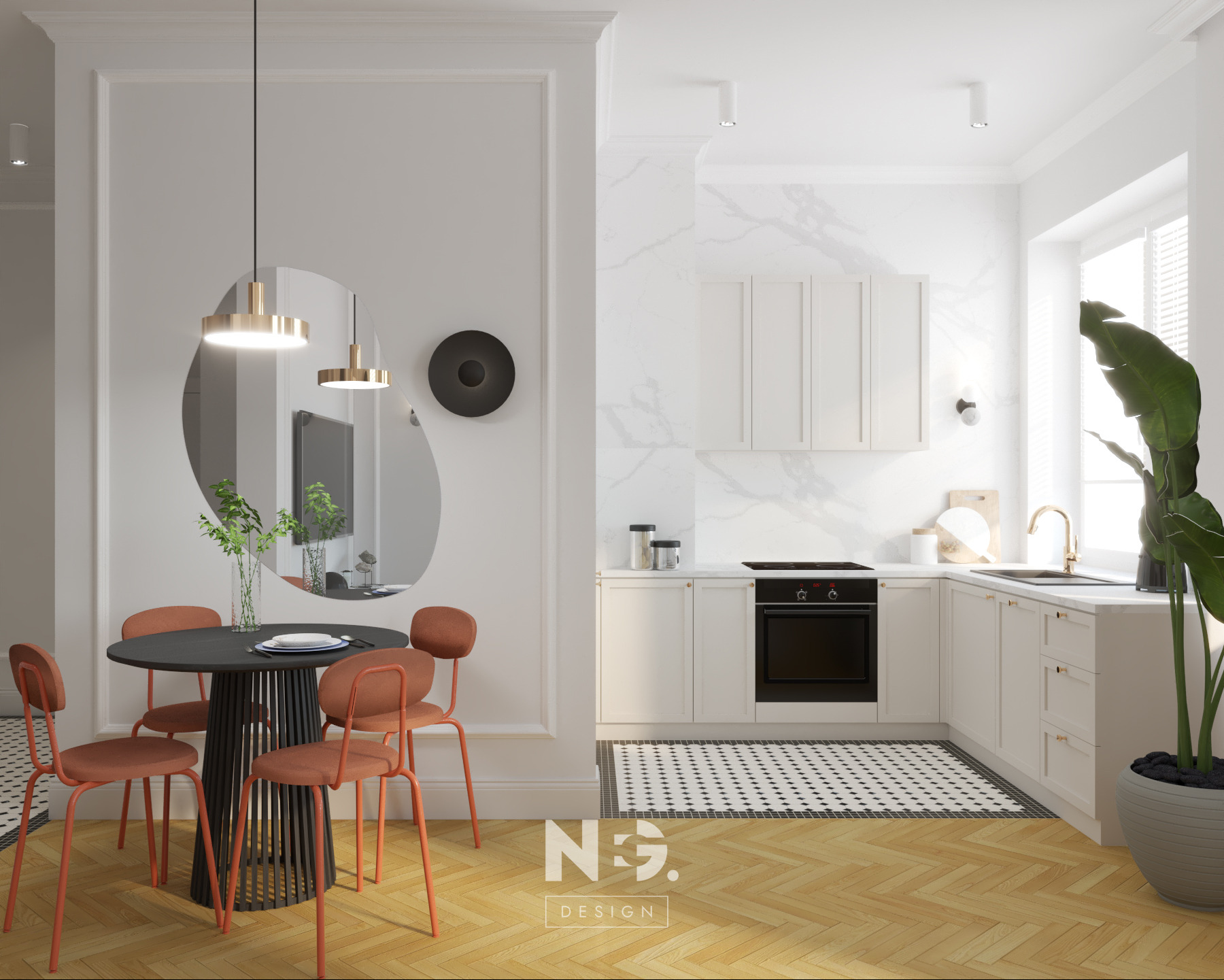 Jasna kuchnia z jadalnią: białe szafki, marmurowy backsplash, czarno-biała podłoga, okrągły stół z pomarańczowymi krzesłami i designerskie lustro.