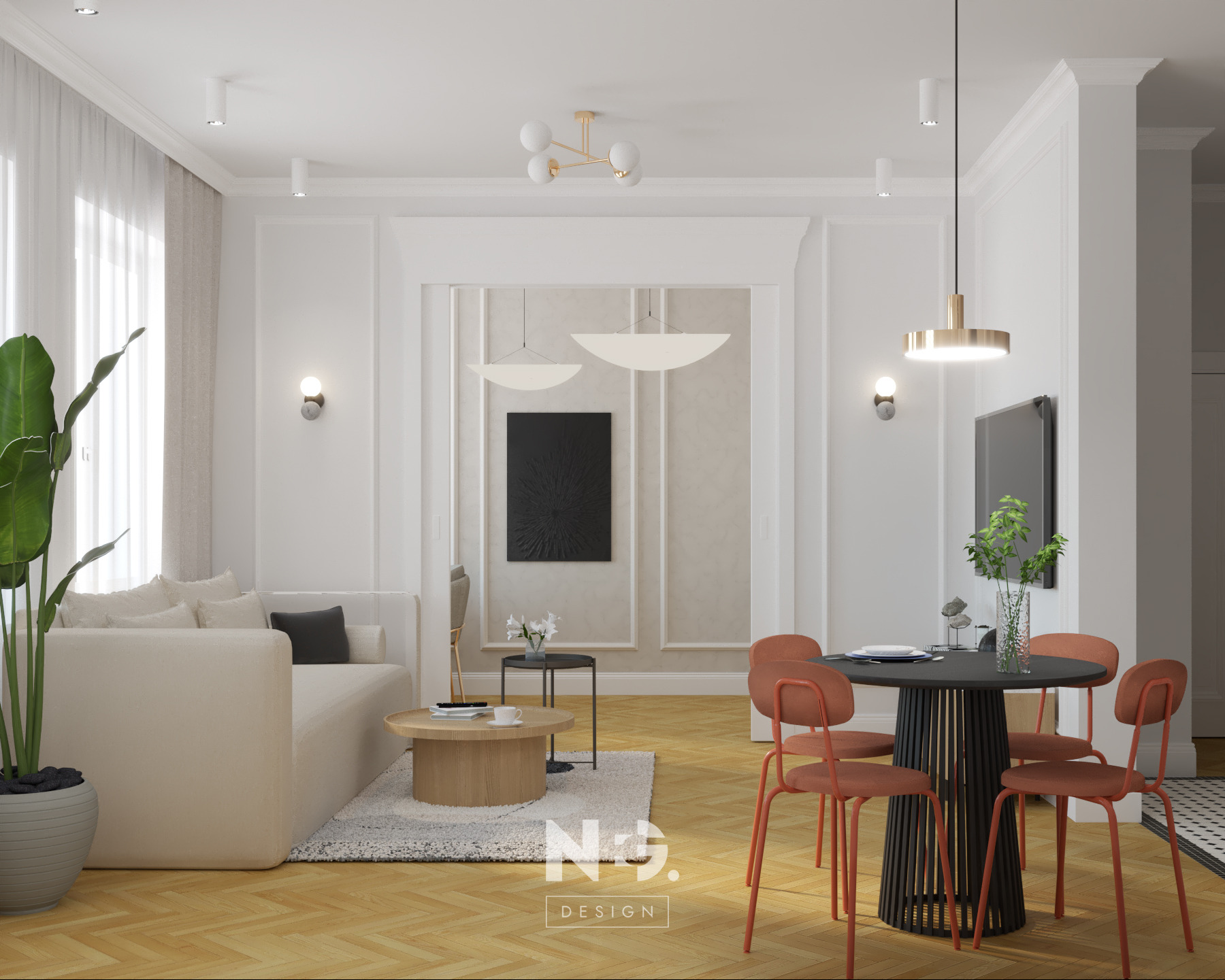 Eleganckie wnętrze: jasny salon z sofą, okrągłym stołem i dekoracyjnymi detalami. Parkiet w jodełkę, designerskie lampy i subtelne zdobienia ścian.