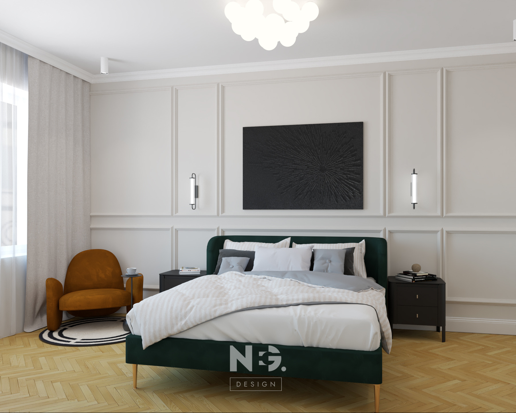 Elegancka sypialnia w stylu klasycznym: zielone łóżko z wzorzystą narzutą, czarne szafki nocne, fotel w odcieniach brązu i parkiet w jodełkę. Na ścianie czarny abstrakcyjny obraz.