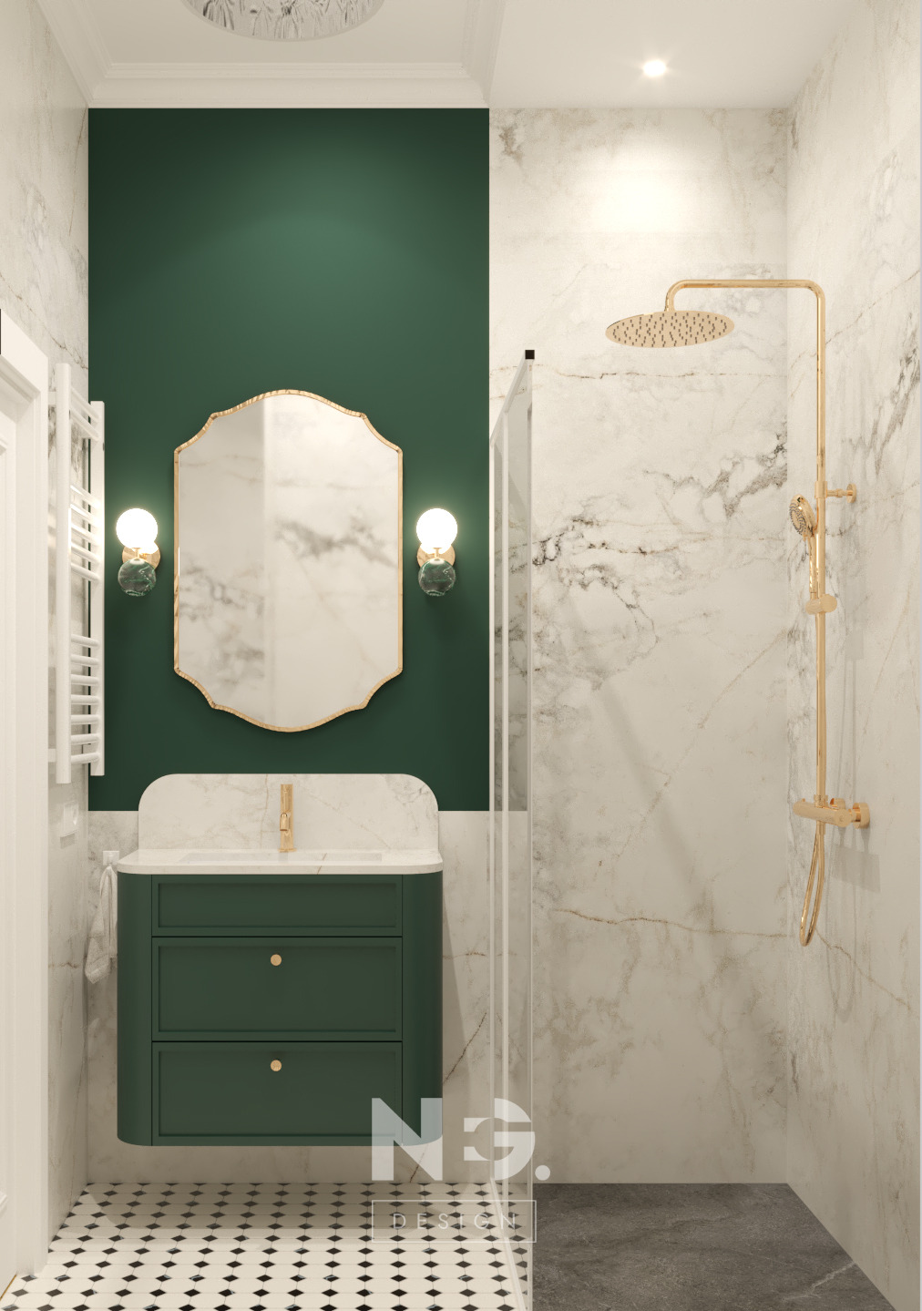 Elegancka łazienka z zieloną szafką pod umywalką, marmurowymi płytkami i złotą armaturą. Uwagę zwraca lustro w ozdobnej ramie i kontrastowa podłoga.