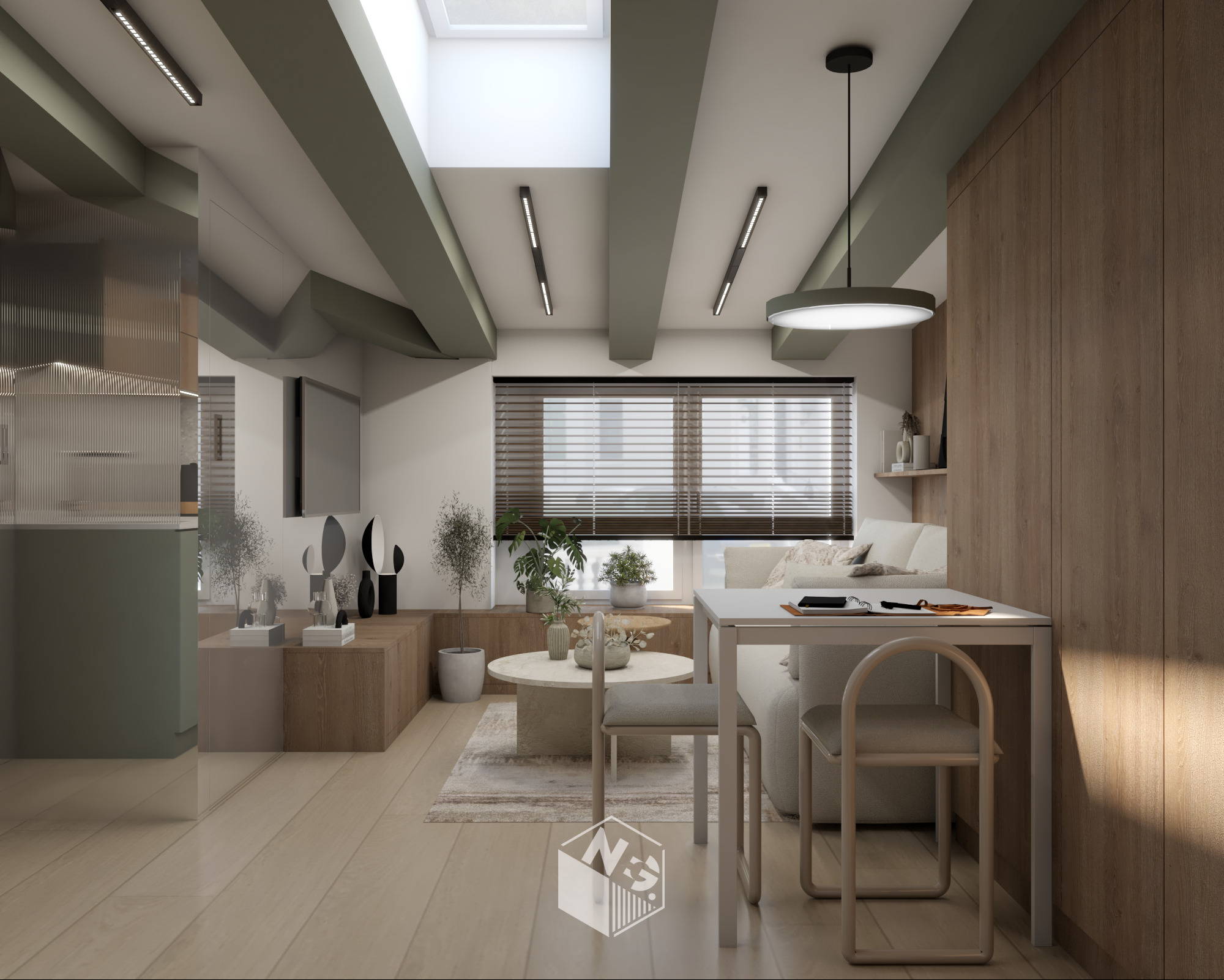 Jasne wnętrze z drewnianą podłogą, beżowymi ścianami i zielonymi akcentami. Widoczny stół z krzesłami, kanapa i dekoracje roślinne. W tle okno z żaluzjami.