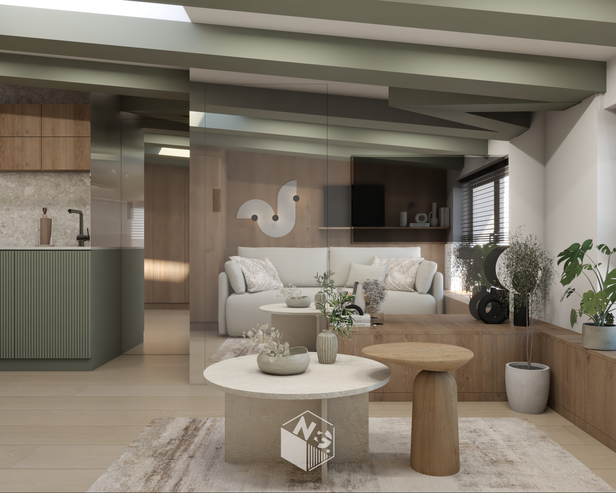 Nowoczesny salon z kuchnią w odcieniach beżu i zieleni. Widoczne drewniane meble, sofa z poduszkami, stoliki kawowe i rośliny doniczkowe. Przeszklona ściana oddziela pomieszczenia.