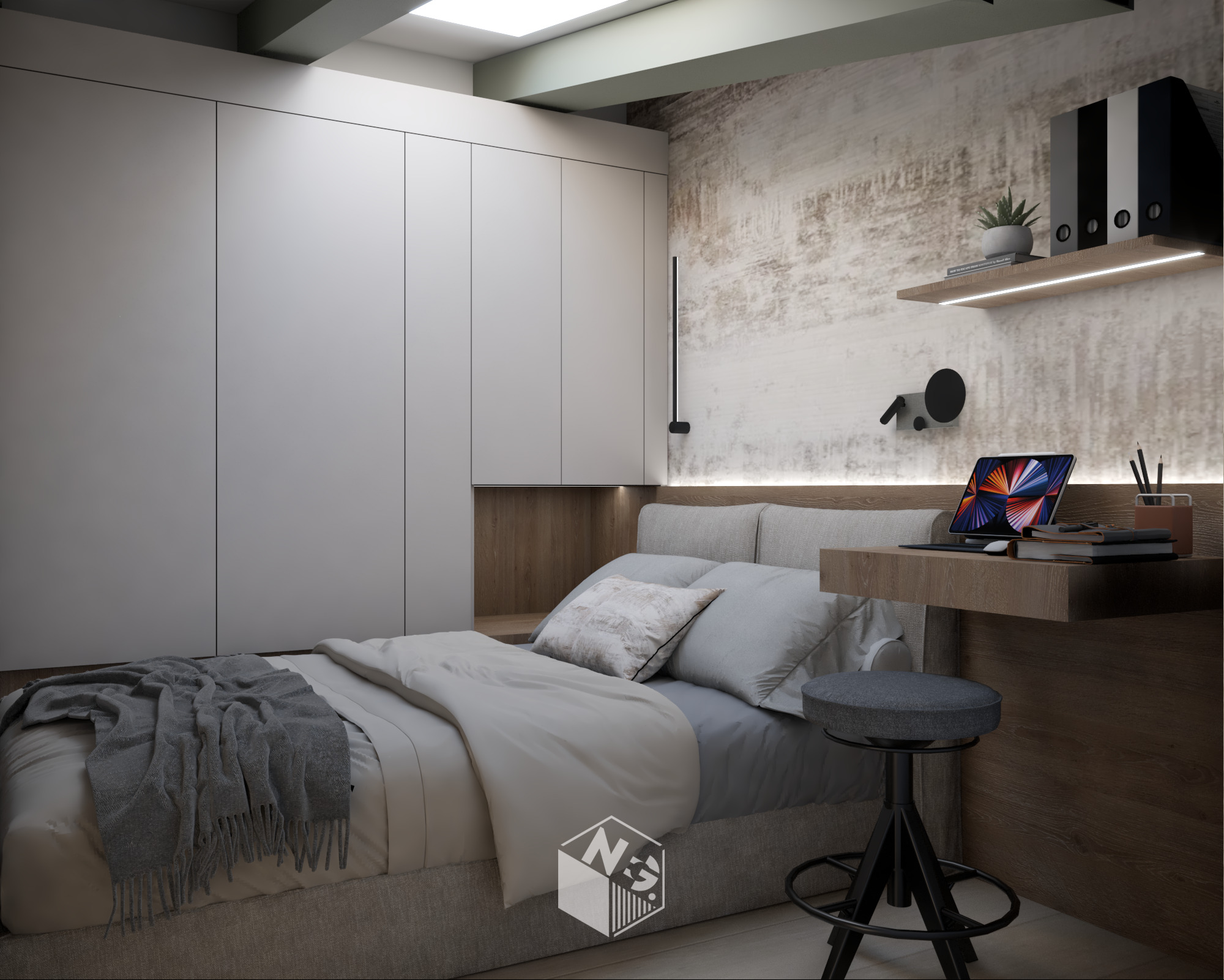Nowoczesna sypialnia z biurkiem, minimalistyczna zabudowa szaf, szara pościel z narzutą i oświetlenie LED. Stonowana kolorystyka, akcent na funkcjonalność i estetykę.
