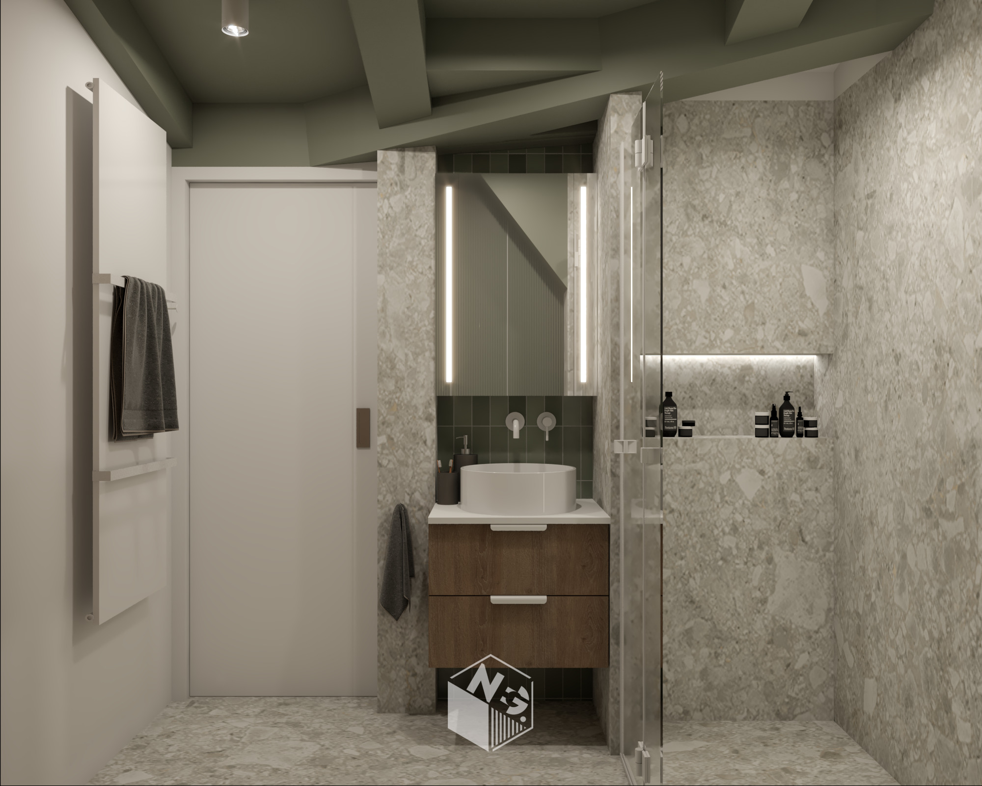 Nowoczesna łazienka z umywalką nablatową, drewnianą szafką, oświetleniem LED i ścianami wykończonymi płytkami imitującymi lastryko. Widoczny grzejnik drabinkowy.