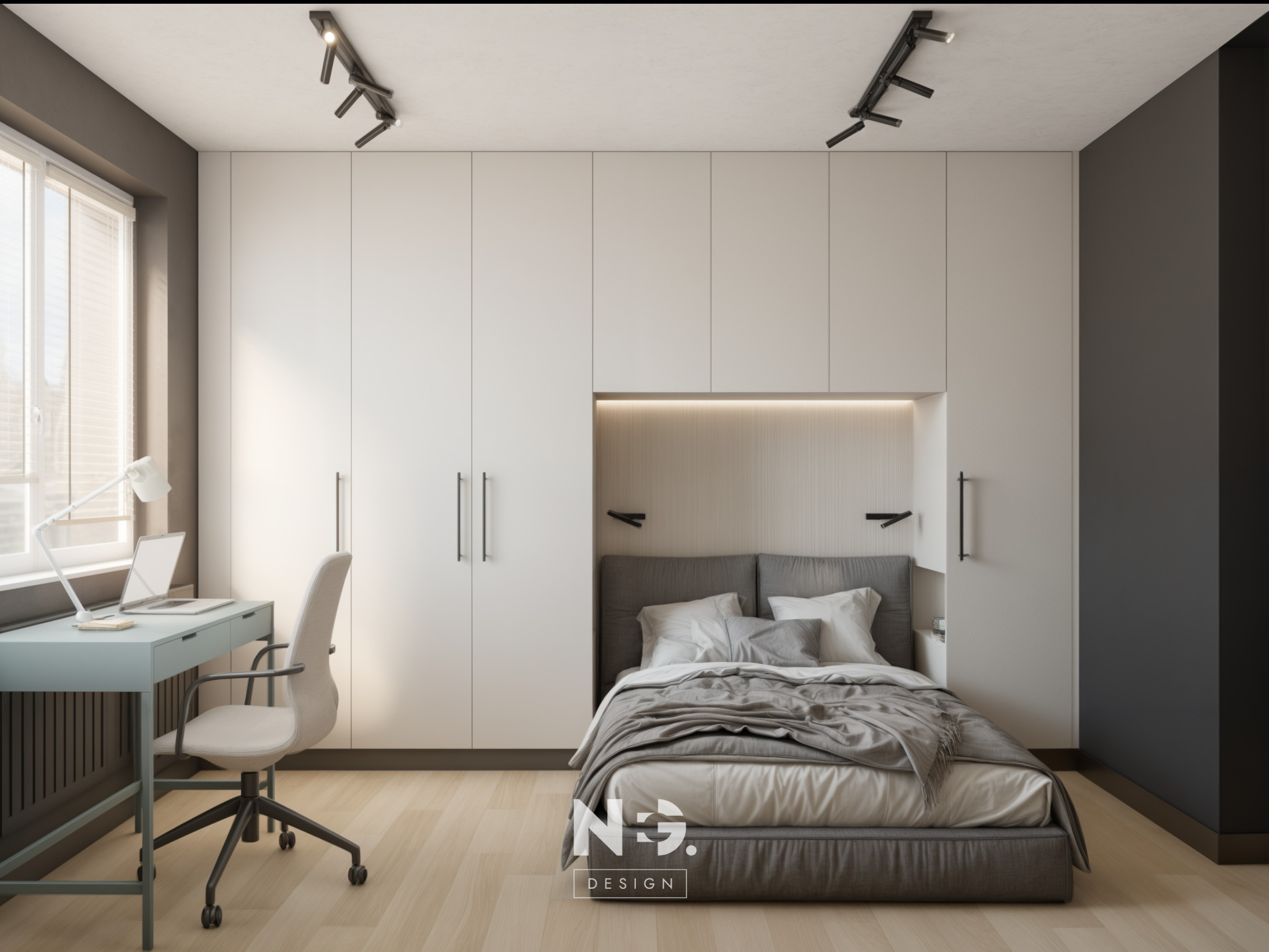 Nowoczesna sypialnia z biurkiem i łóżkiem wbudowanym w szafę. Stonowana kolorystyka, minimalistyczne oświetlenie i drewniana podłoga. Widoczne logo projektanta.