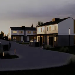 Wizualizacja osiedla domów szeregowych z oświetleniem zewnętrznym, w tle zachodzące słońce. Widoczne osoby i samochody, podkreślające skalę i funkcjonalność projektu.