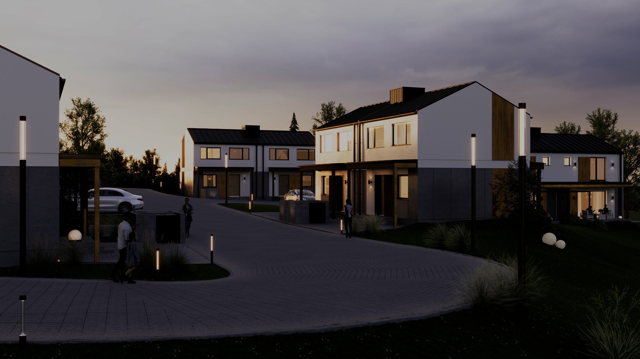 Wizualizacja osiedla domów szeregowych z oświetleniem zewnętrznym, w tle zachodzące słońce. Widoczne osoby i samochody, podkreślające skalę i funkcjonalność projektu.