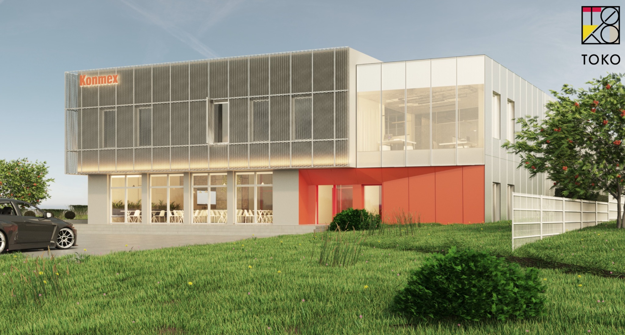 Wizualizacja budynku biurowego z logo 'Konmex' i 'TOKO', z ażurową fasadą i elementami w kolorze pomarańczowym, otoczonego zielenią i z zaparkowanym samochodem.