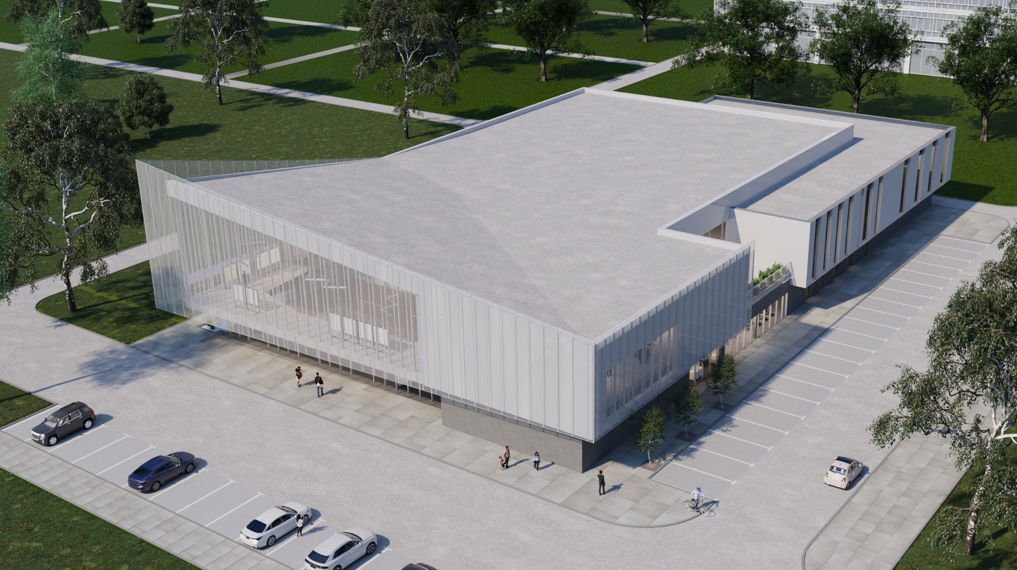 Wizualizacja z lotu ptaka nowoczesnego budynku usługowego z parkingiem, otoczonego zielenią i chodnikami. Elementy architektoniczne budynku w minimalistycznym stylu.