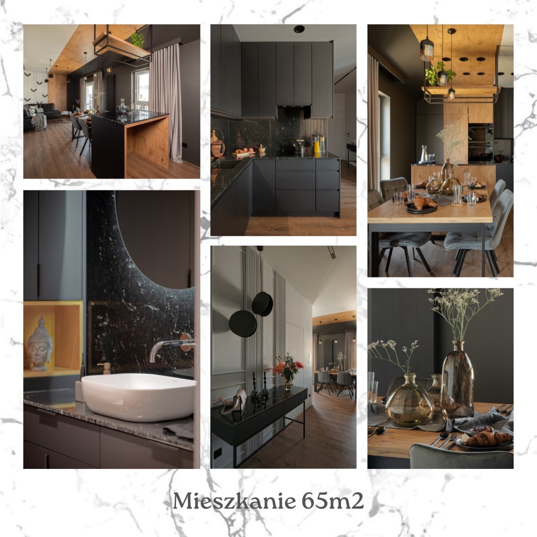 Kolaż z sześciu zdjęć prezentujących nowoczesne wnętrza mieszkania: kuchnia z czarnymi szafkami, jadalnia, łazienka z umywalką i korytarz z konsolą.