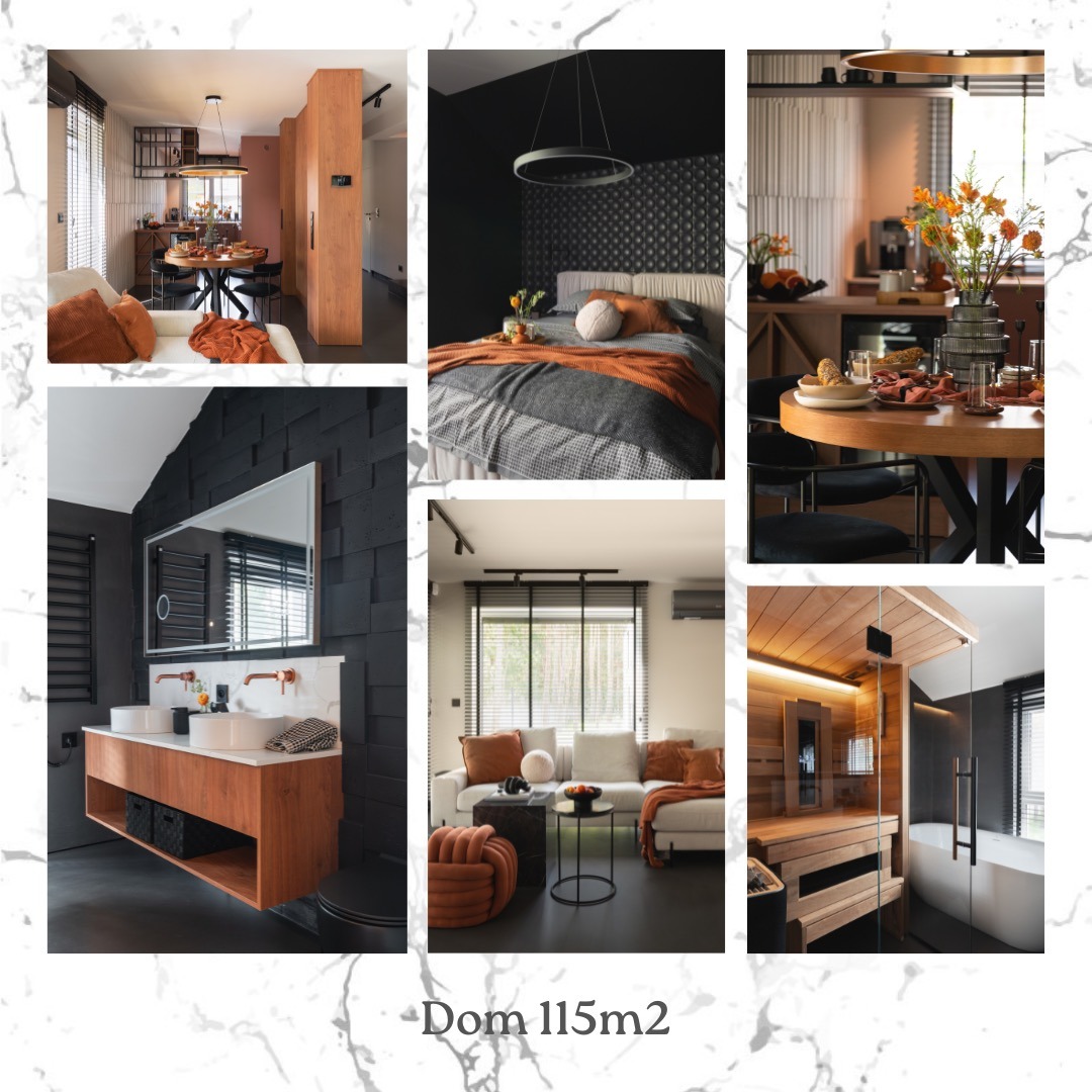 Kolaż wnętrz domu 115m2: jadalnia z okrągłym stołem, sypialnia z czarną ścianą, salon z sofą, łazienka z umywalkami i sauna z wanną.