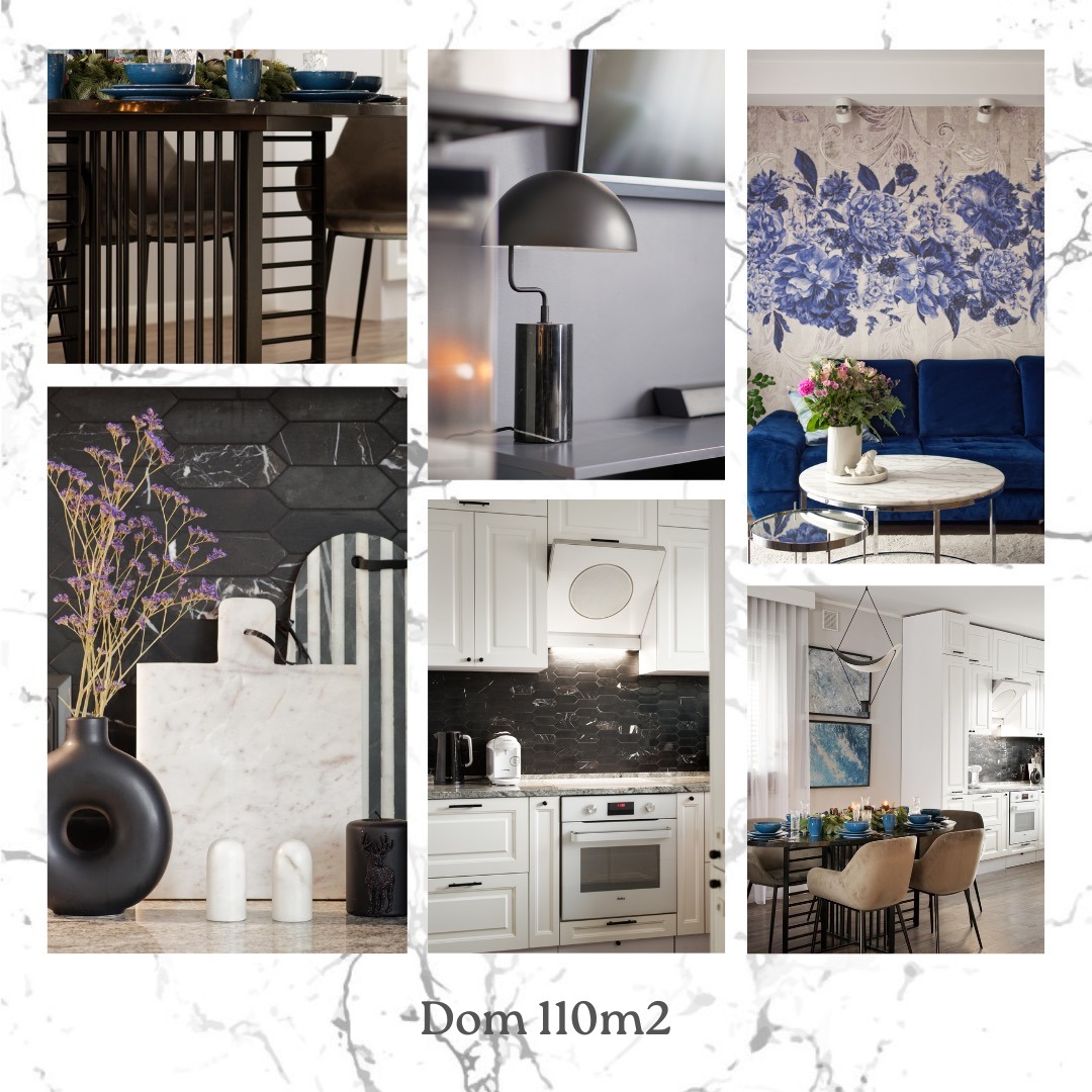 Kolaż z aranżacji wnętrz: jadalnia z czarnym stołem, kuchnia z marmurowym blatem i salon z niebieską sofą na tle kwiecistej tapety. Dom 110m2.