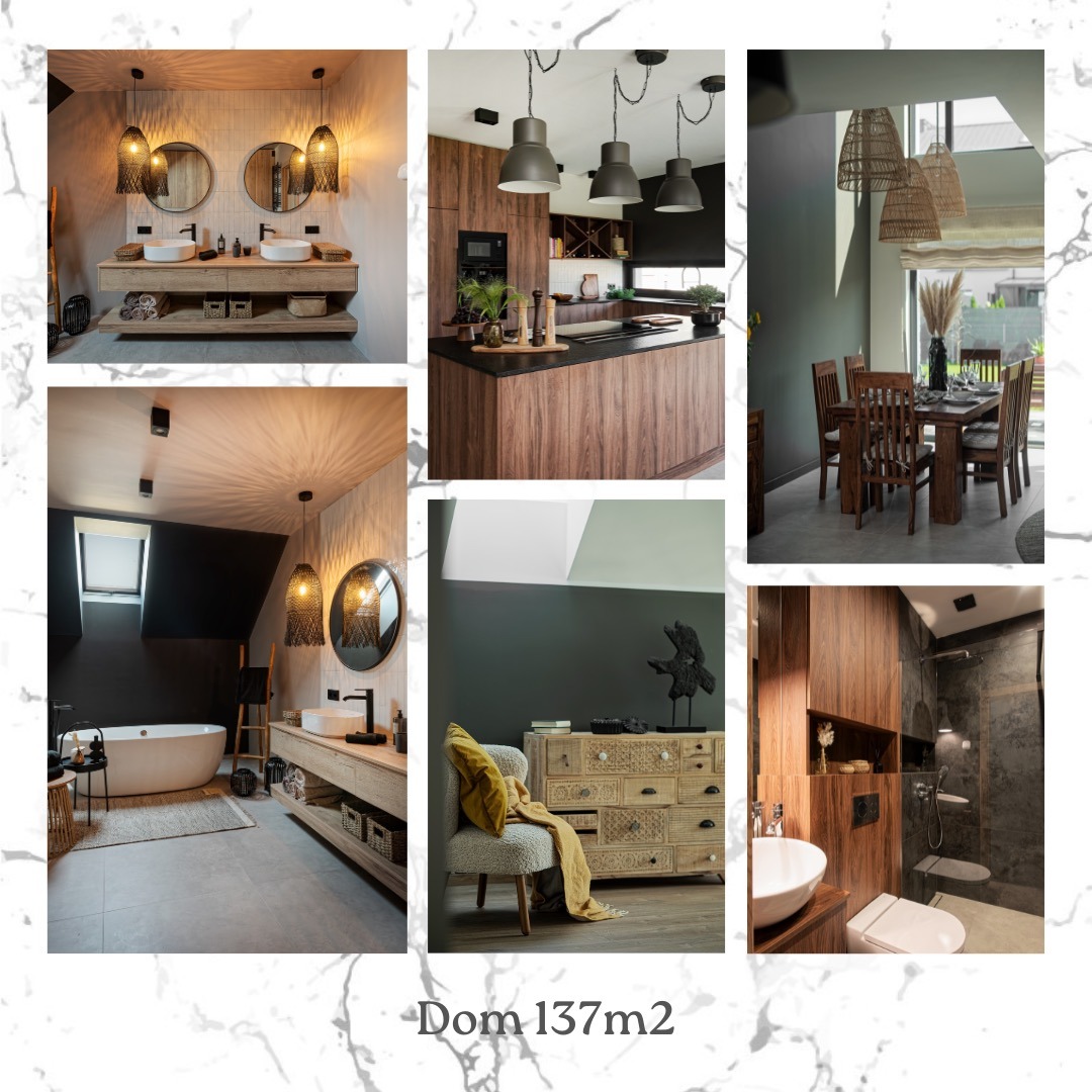 Kolaż zdjęć wnętrz domu 137m2: łazienki z okrągłymi lustrami, kuchni z drewnianą zabudową, jadalni z drewnianym stołem i krzesłami oraz sypialni z komodą i fotelem.
