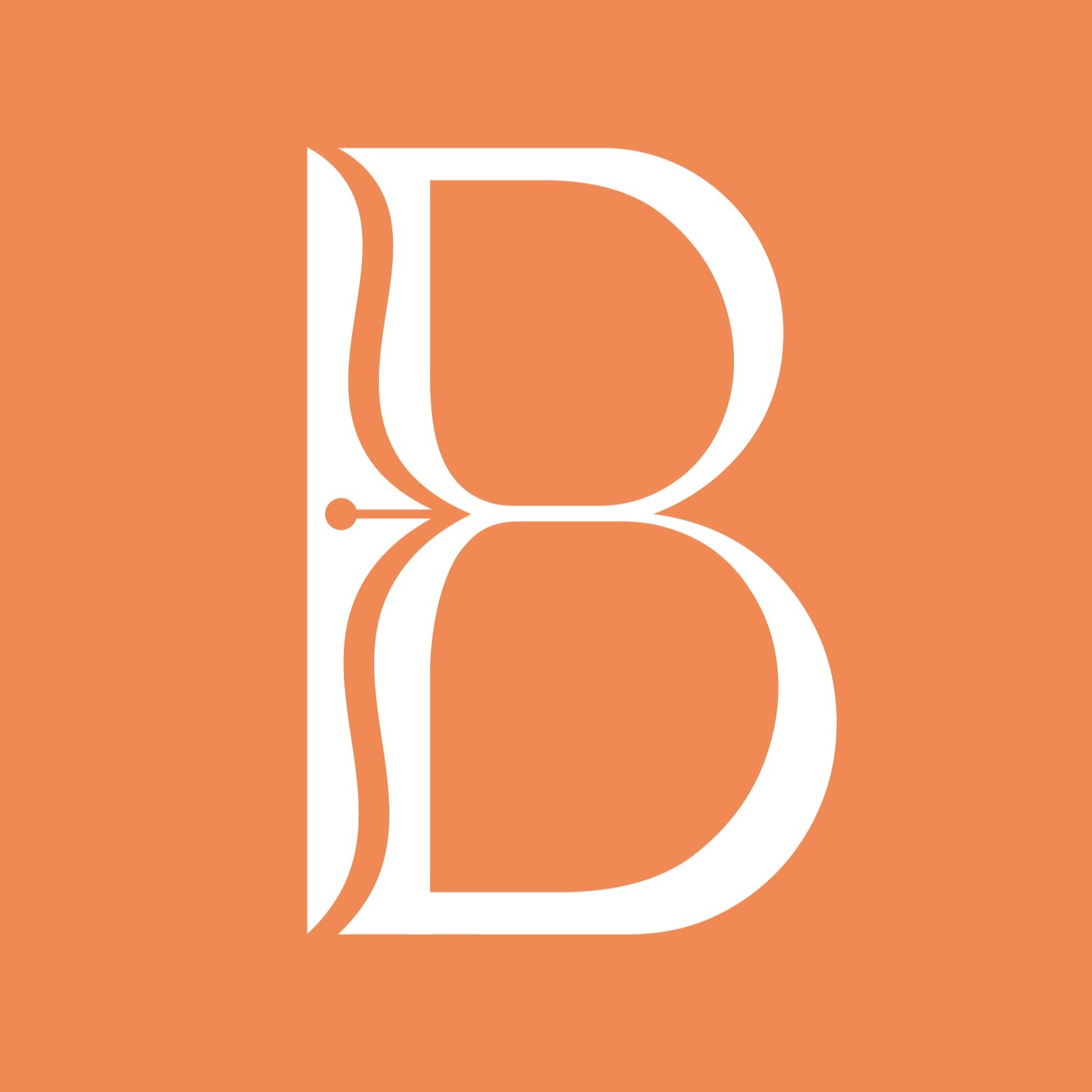 Elegancki, biały logotyp litery B na brzoskwiniowym tle. Minimalistyczny design z subtelnymi zdobieniami. Idealny dla kancelarii.