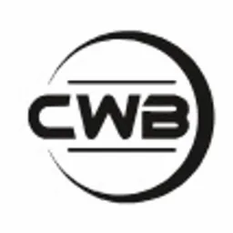 Minimalistyczne logo CWB w czerni i bieli, umieszczone w okręgu z poziomymi liniami. Grafika wektorowa, czysty design, nowoczesny branding.