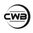 Minimalistyczne logo CWB w czerni i bieli, umieszczone w okręgu z poziomymi liniami. Grafika wektorowa, czysty design, nowoczesny branding.