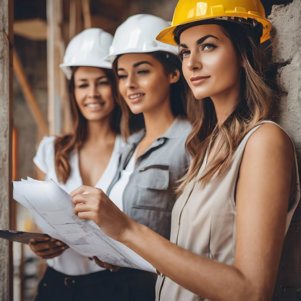 Trzy kobiety w kaskach, analizujące plany budowlane na placu budowy. Jedna w żółtym kasku, dwie w białych. Uśmiechnięte, patrzą w przyszłość.