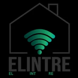 Minimalistyczne logo: kontur domu, zielony symbol Wi-Fi i napis 'ELINTRE' z akcentem 'EL INT RE' na czarnym tle. Nowoczesny design.