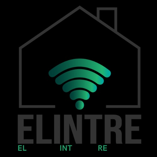 Minimalistyczne logo: kontur domu, zielony symbol Wi-Fi i napis 'ELINTRE' z akcentem 'EL INT RE' na czarnym tle. Nowoczesny design.