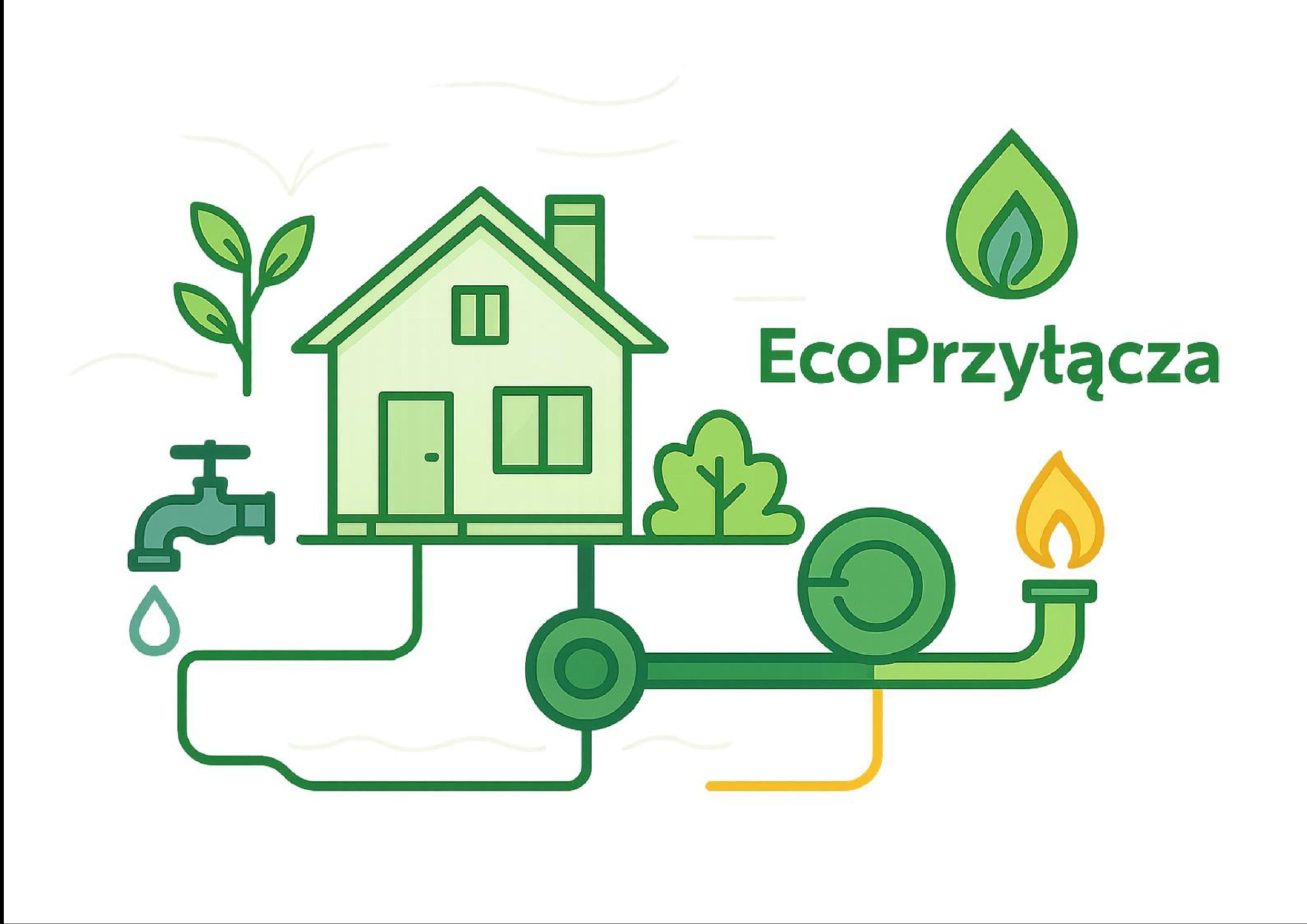 Grafika EcoPrzyłącza: dom, kran z kroplą, płomień, połączone zielonymi rurami. Symbolizuje ekologiczne instalacje wod-kan i gazowe.