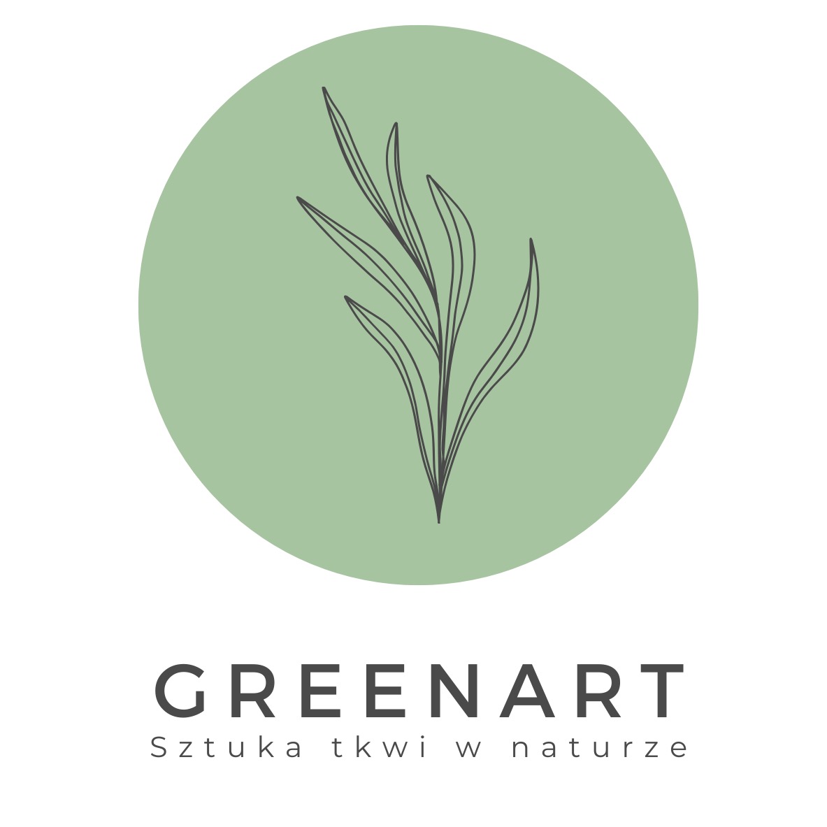 Logo firmy Greenart z minimalistycznym rysunkiem gałązki na zielonym tle i hasłem 'Sztuka tkwi w naturze'.