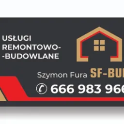 Wizytówka firmy remontowo-budowlanej SF-BUD Szymona Fury z numerem telefonu 666 983 966, logo w kształcie domu na czarnym tle z elementami czerwieni i złota.