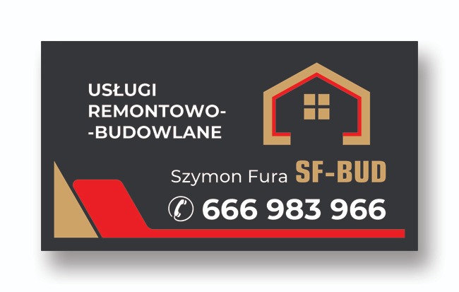 Wizytówka firmy remontowo-budowlanej SF-BUD Szymona Fury z numerem telefonu 666 983 966, logo w kształcie domu na czarnym tle z elementami czerwieni i złota.