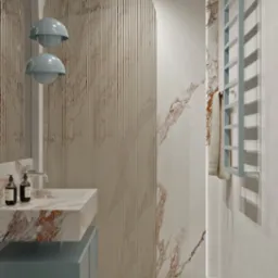 Nowoczesna łazienka z marmurową umywalką, podświetlanym lustrem i grzejnikiem drabinkowym w odcieniach bieli, beżu i błękitu. Minimalistyczny design i eleganckie wykończenie.