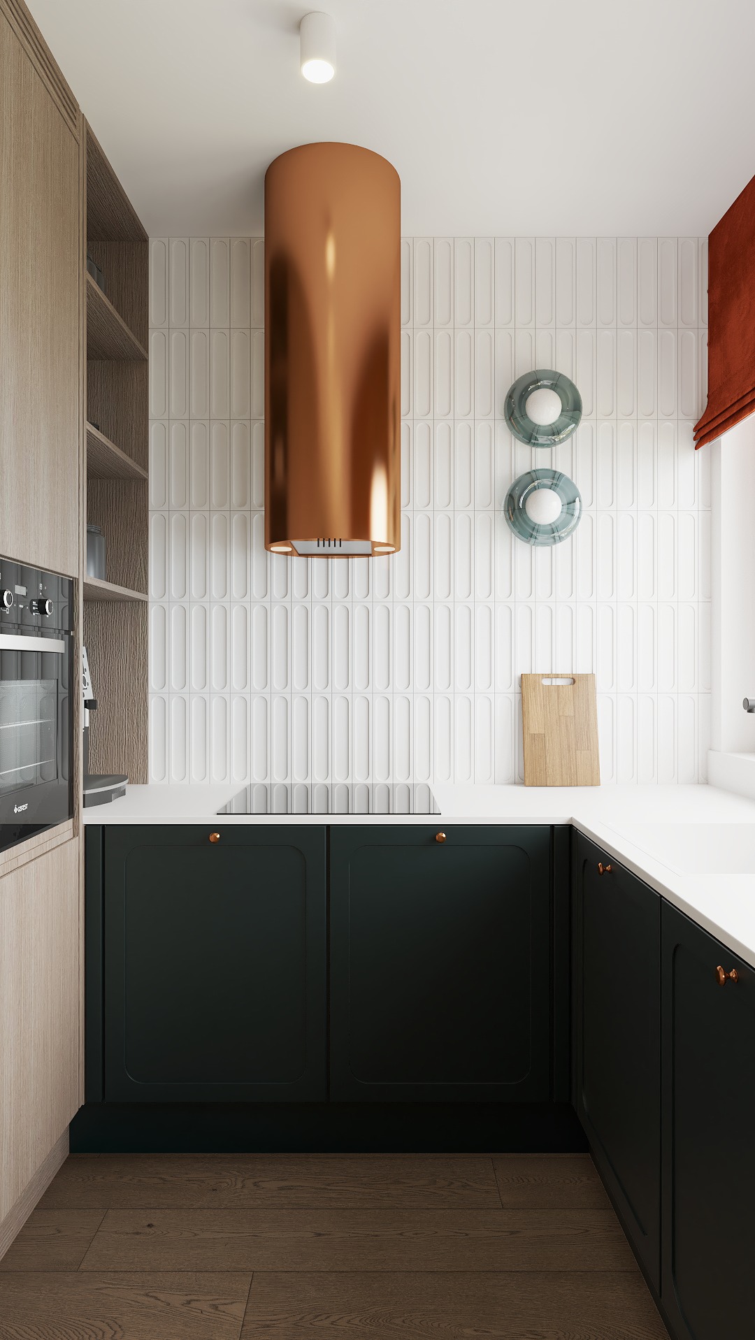 Nowoczesna kuchnia z ciemnozielonymi szafkami, drewnianym blatem i miedzianym okapem. Na ścianie białe, podłużne płytki i drewniana deska do krojenia.