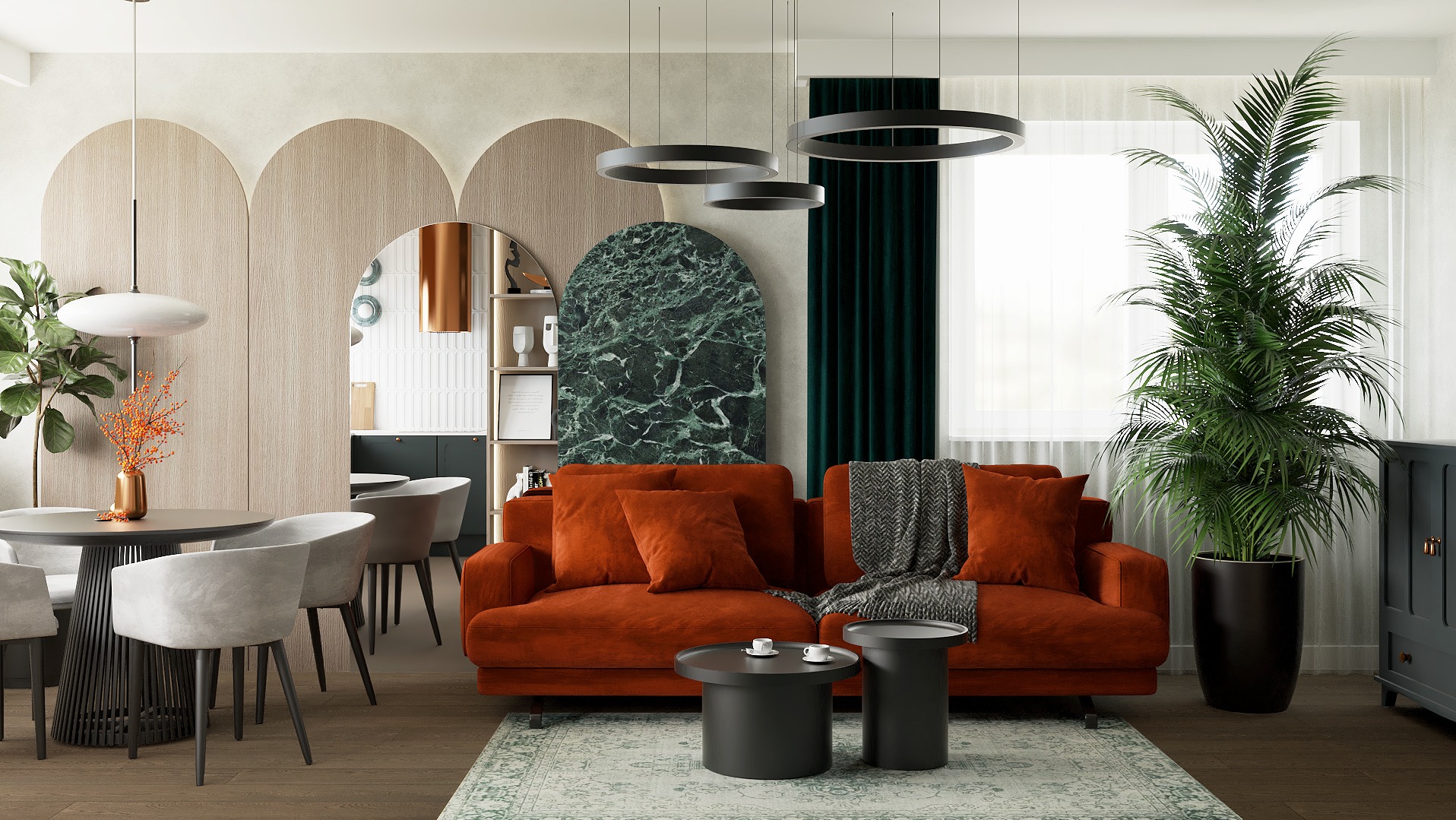 Nowoczesny salon z terakotową sofą, okrągłymi stolikami i lampami. Tło zdobią panele w kształcie łuków i bujna zieleń. Subtelne oświetlenie tworzy przytulną atmosferę.