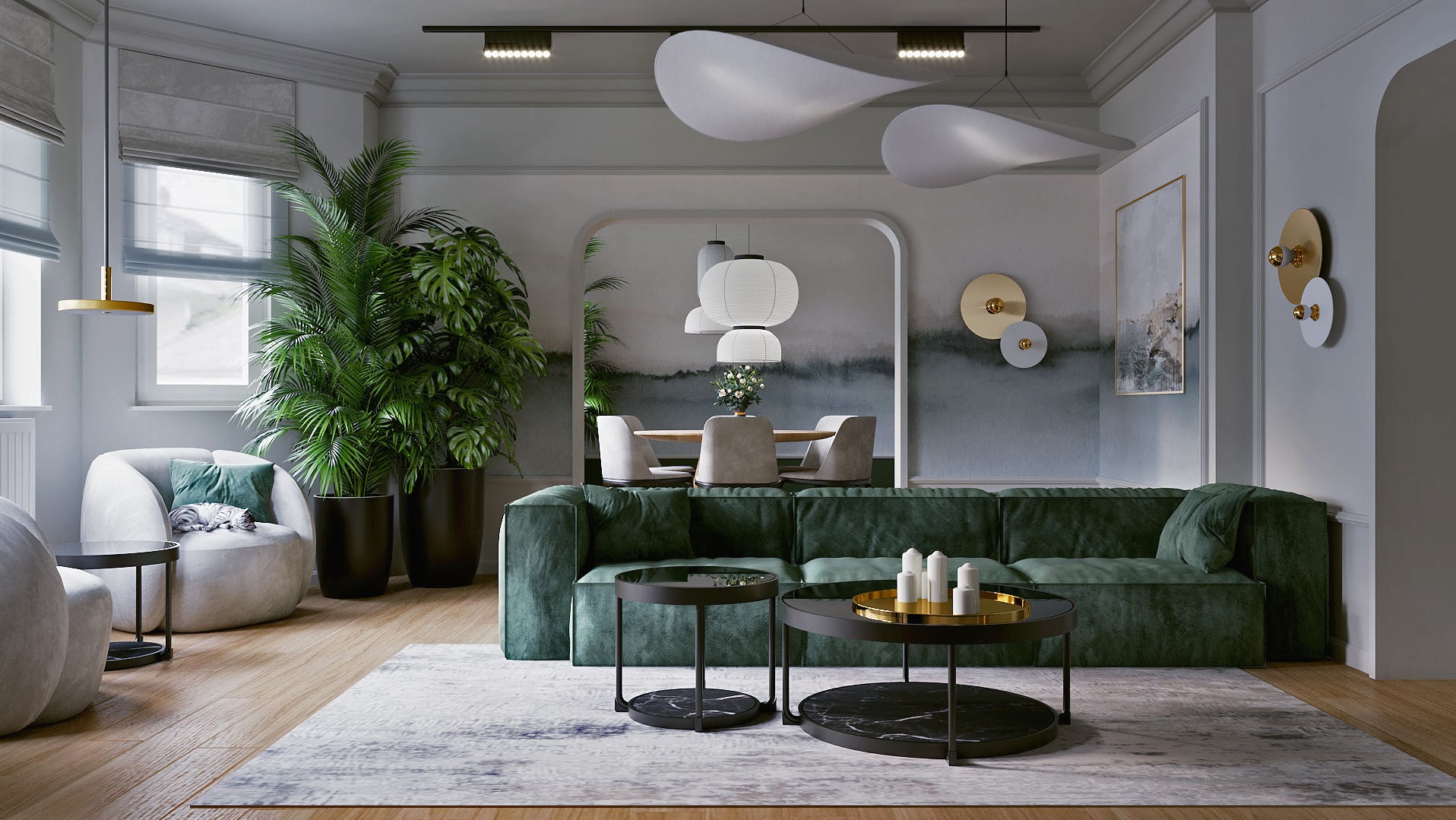 Elegancki salon z zieloną sofą, okrągłymi stolikami i roślinami doniczkowymi. W tle widoczna jadalnia z okrągłym stołem i krzesłami. Całość w stonowanej kolorystyce.