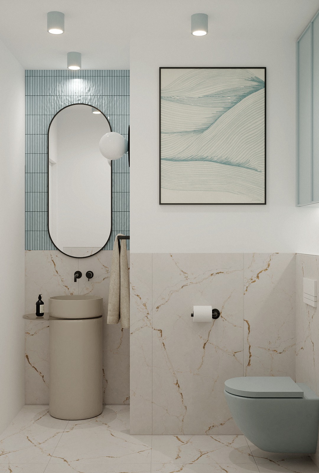 Elegancka łazienka z umywalką na postumencie, lustrem w czarnej ramie i płytkami imitującymi marmur. Akcenty w odcieniach błękitu i czerni.