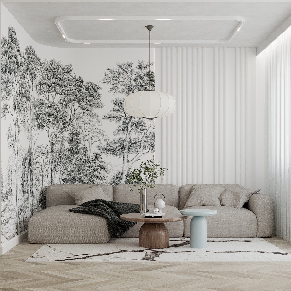 Jasny salon z sofą i stolikami kawowymi na wzorzystym dywanie. Na ścianie tapeta z motywem drzew, a nad sofą wisi nowoczesna lampa.