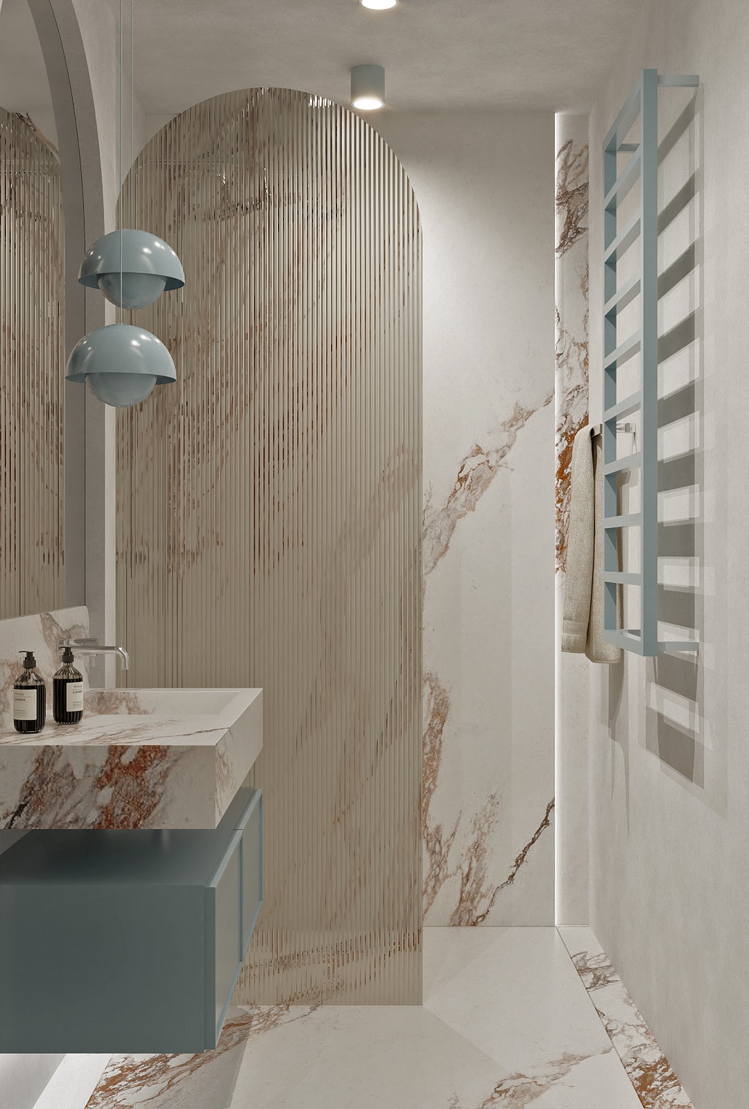 Nowoczesna łazienka z marmurową umywalką, podświetlanym lustrem i grzejnikiem drabinkowym w odcieniach bieli, beżu i błękitu. Minimalistyczny design i eleganckie wykończenie.