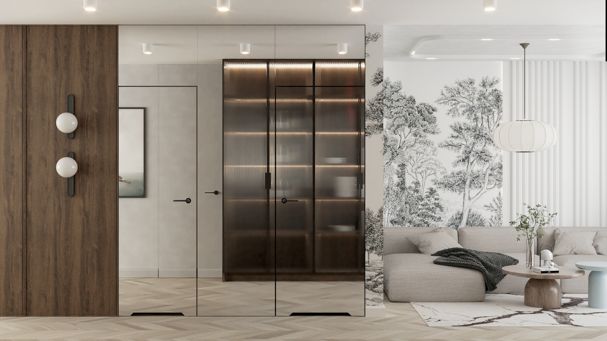 Stylowe wnętrze: drewniana ściana z lampami kulami, szafa z ryflowanymi szybami, sofa z wzorzystą tapetą w tle, parkiet w jodełkę. Jasne, nowoczesne wykończenie.