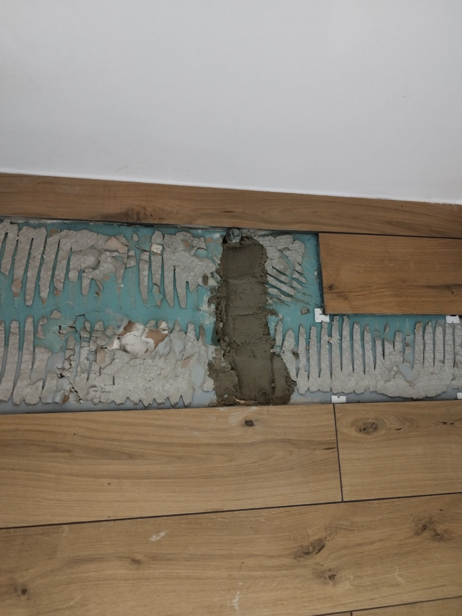 Fragment podłogi z drewnopodobnych paneli, z widocznym uszkodzeniem i śladami kleju, w trakcie naprawy. Widoczne białe klipsy dystansowe.