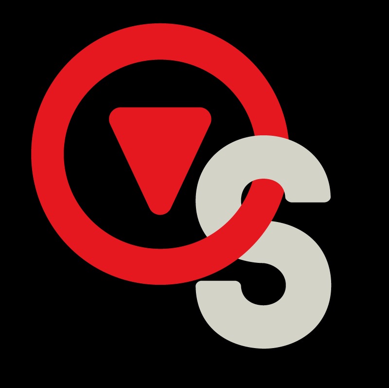 Abstrakcyjne logo: czerwony okrąg z trójkątem w środku, przeplatający się z szarą literą 'S' na czarnym tle. Minimalistyczny design.