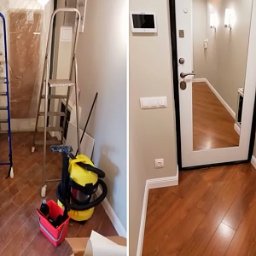 CZYSTO - Korytarz przed i po sprzątaniu: po lewej drabina, odkurzacz, po prawej czyste panele, drzwi wejściowe z lustrem i lampy na ścianie. Widoczny efekt sprzątania.