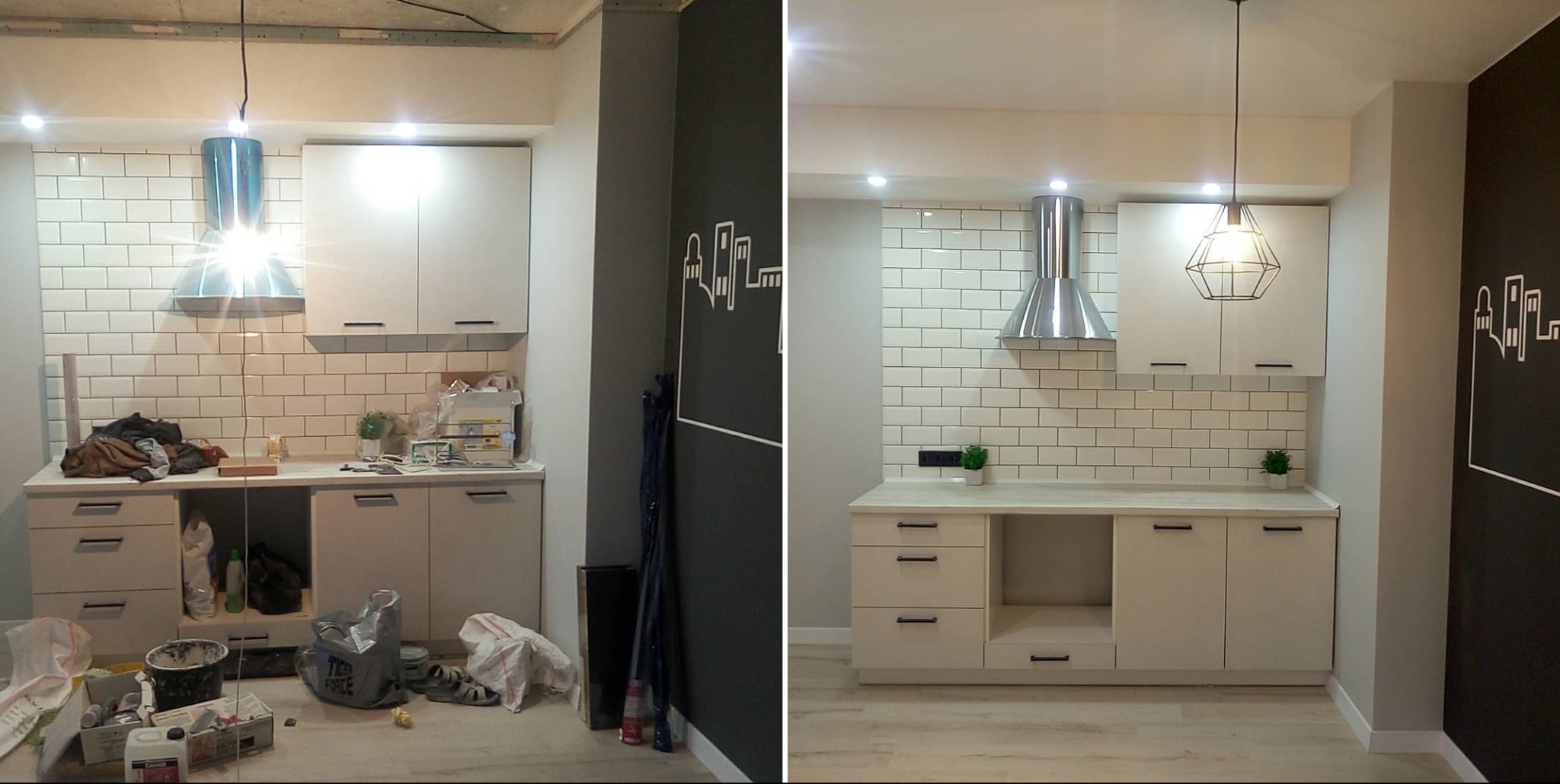 Kuchenne 'przed i po': bałagan i porządek. Białe płytki, szafki, lampa. Po prawej czarna ściana z białym rysunkiem miasta. Kontrast stanu i efektu.