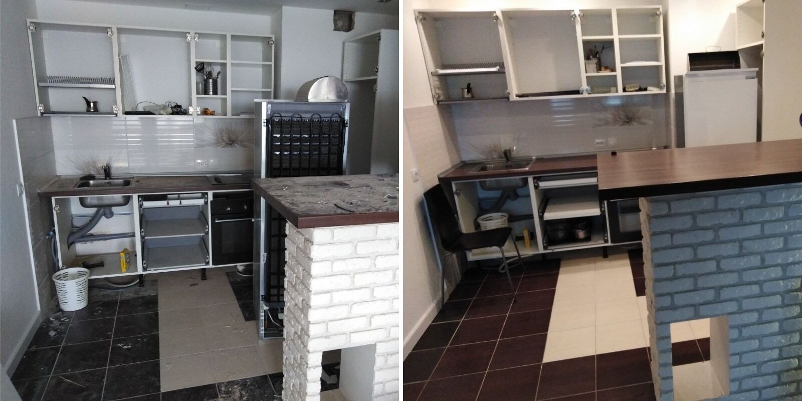 Porównanie stanu kuchni przed i po remoncie: po lewej kuchnia w trakcie prac, po prawej odnowiona, z nowymi meblami i wykończeniem. Widoczne płytki, szafki i blat.