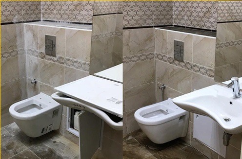 Remont łazienki: porównanie stanu toalety podwieszanej i umywalki przed i po montażu, widoczne płytki w beżowych odcieniach z wzorem.