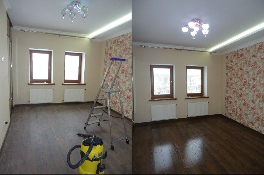 Pokój przed i po sprzątaniu: po lewej stronie drabina, odkurzacz, po prawej czysta podłoga z połyskiem, odświeżone ściany i okna. Widoczny efekt czystości.
