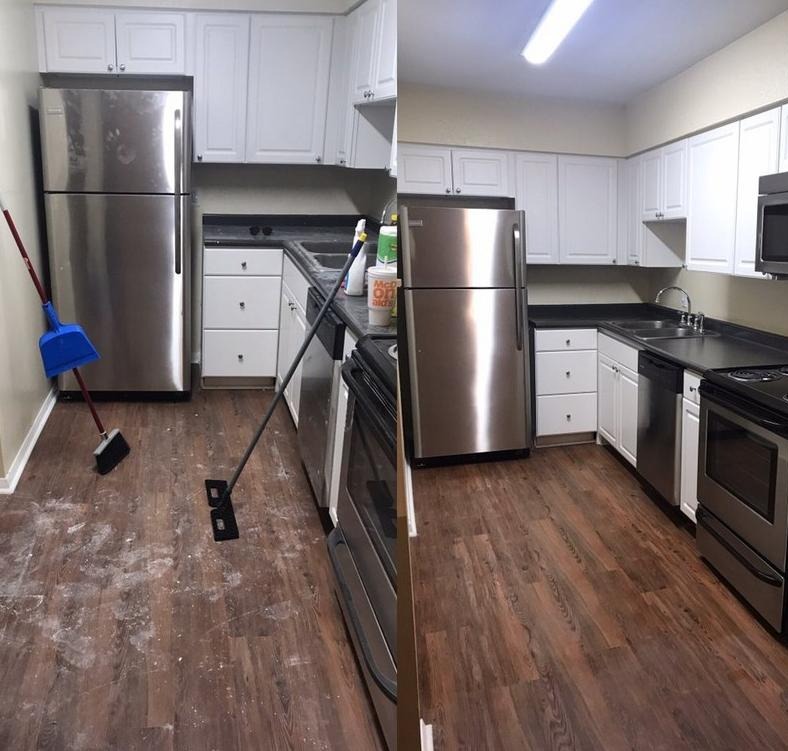 Zdjęcie typu 'przed i po' przedstawia kuchnię: po lewej brudna podłoga i ściany, po prawej czysta podłoga i ściany, białe szafki kuchenne, srebrna lodówka i czarne blaty.