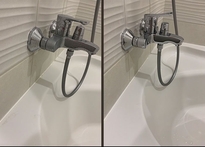 Kran w wannie przed i po czyszczeniu. Po lewej stronie widoczny osad, po prawej lśniąca powierzchnia. Efekt czyszczenia armatury w łazience.