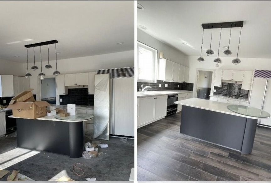 Kuchnia po remoncie w Piasecznie: widok przed i po. Na zdjęciu wyspa kuchenna z blatem i nowoczesne oświetlenie. Ciemna podłoga i białe szafki.